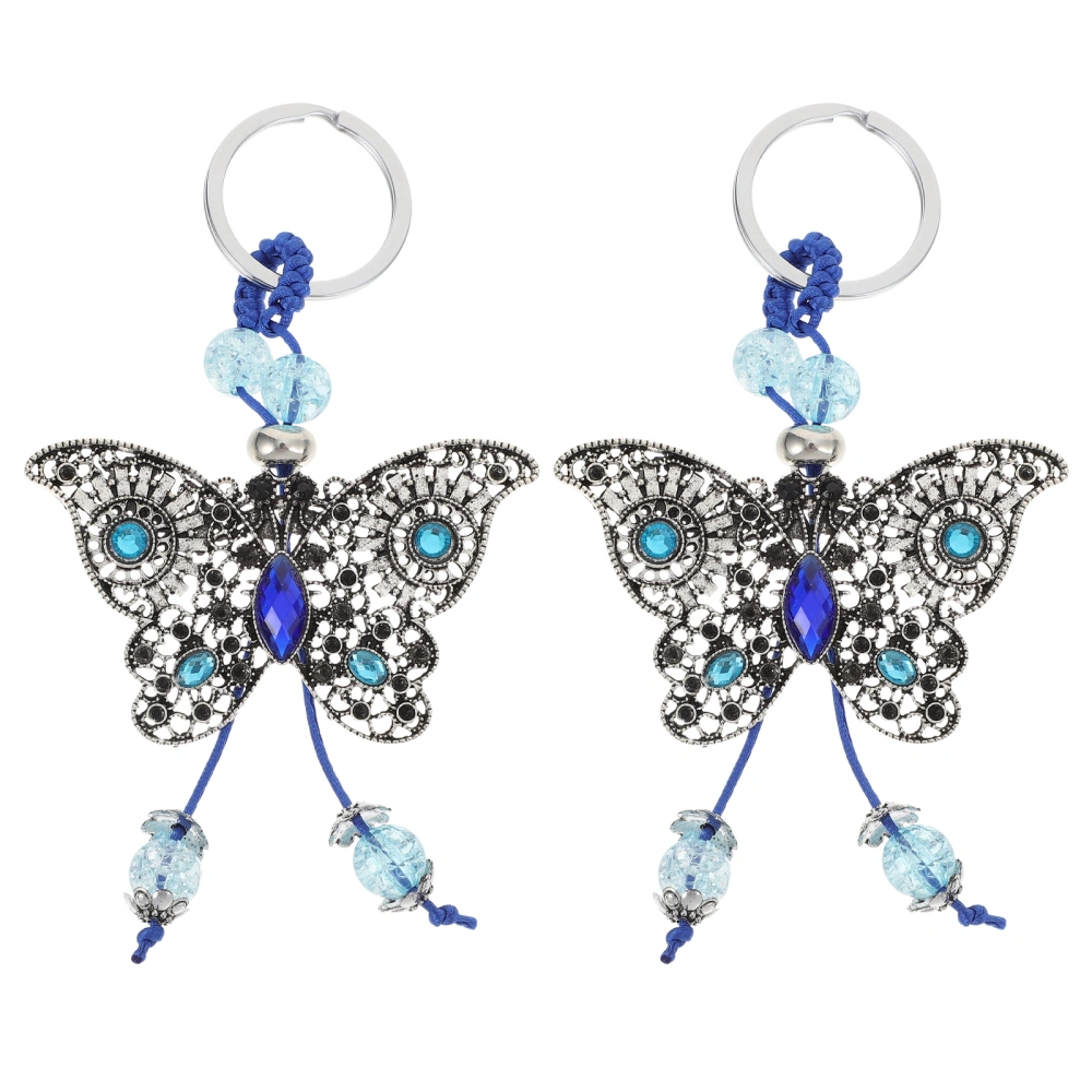 2Pcs Woven Blue Eye Butterfly-designed Key Chains Pendants Decorative Key Rings