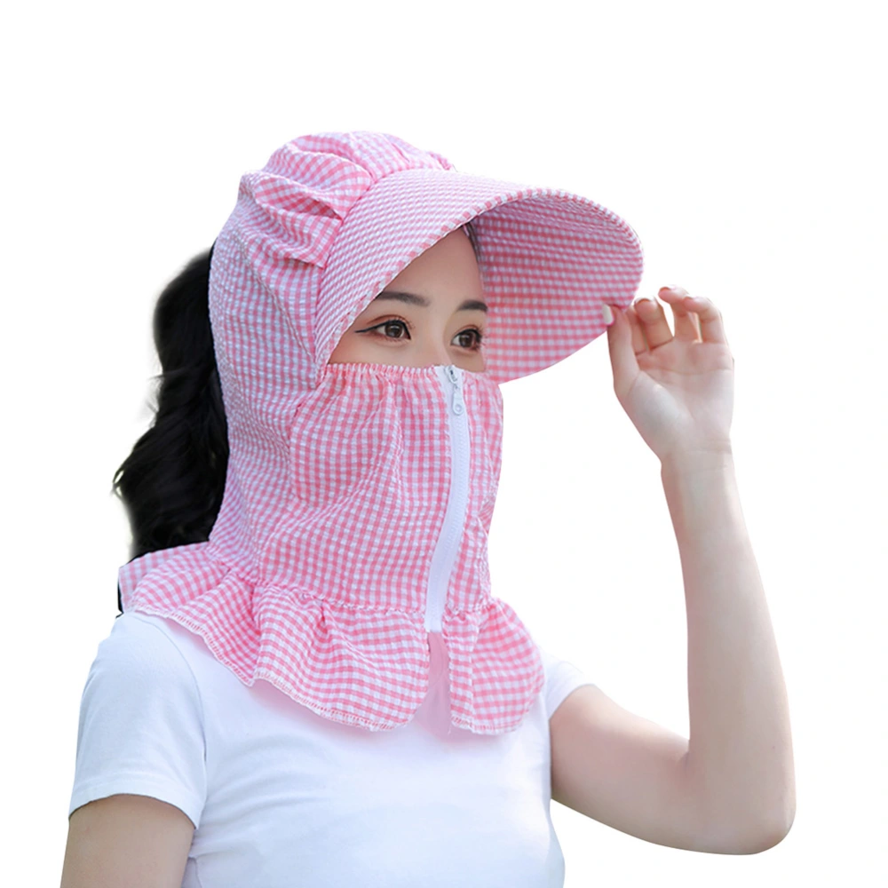 Pink Lattice Printing Sun Hat with Mask Zippered Elastic Face Cover Detachable Summer Outdoor Anti-UV Wide Brim Accessary Set