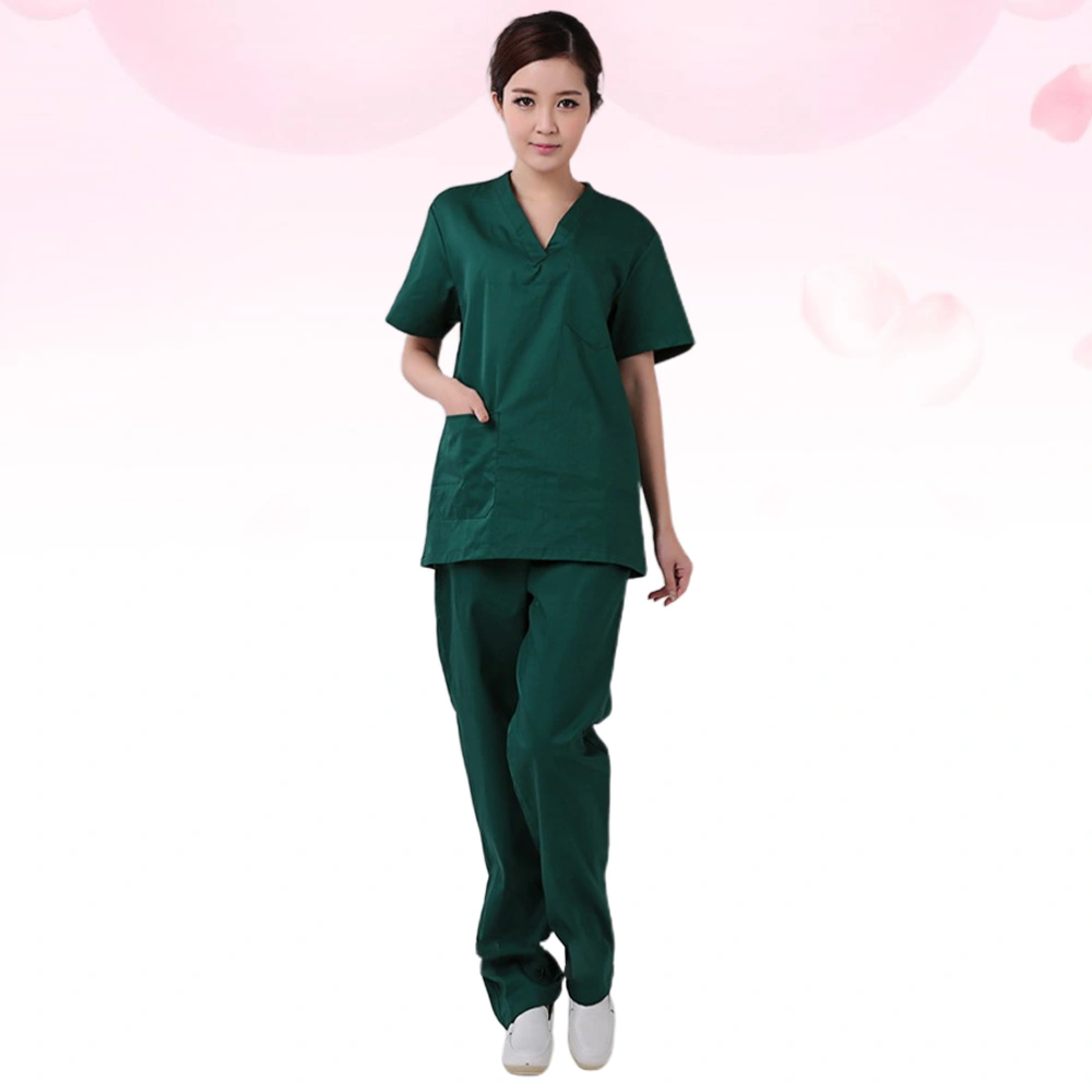 1 Set Dark Green Hospital Nursing Uniform Cotton Working Clothes Short Sleeve Labour Suit Two-Pieces V-neck Costume- Size M