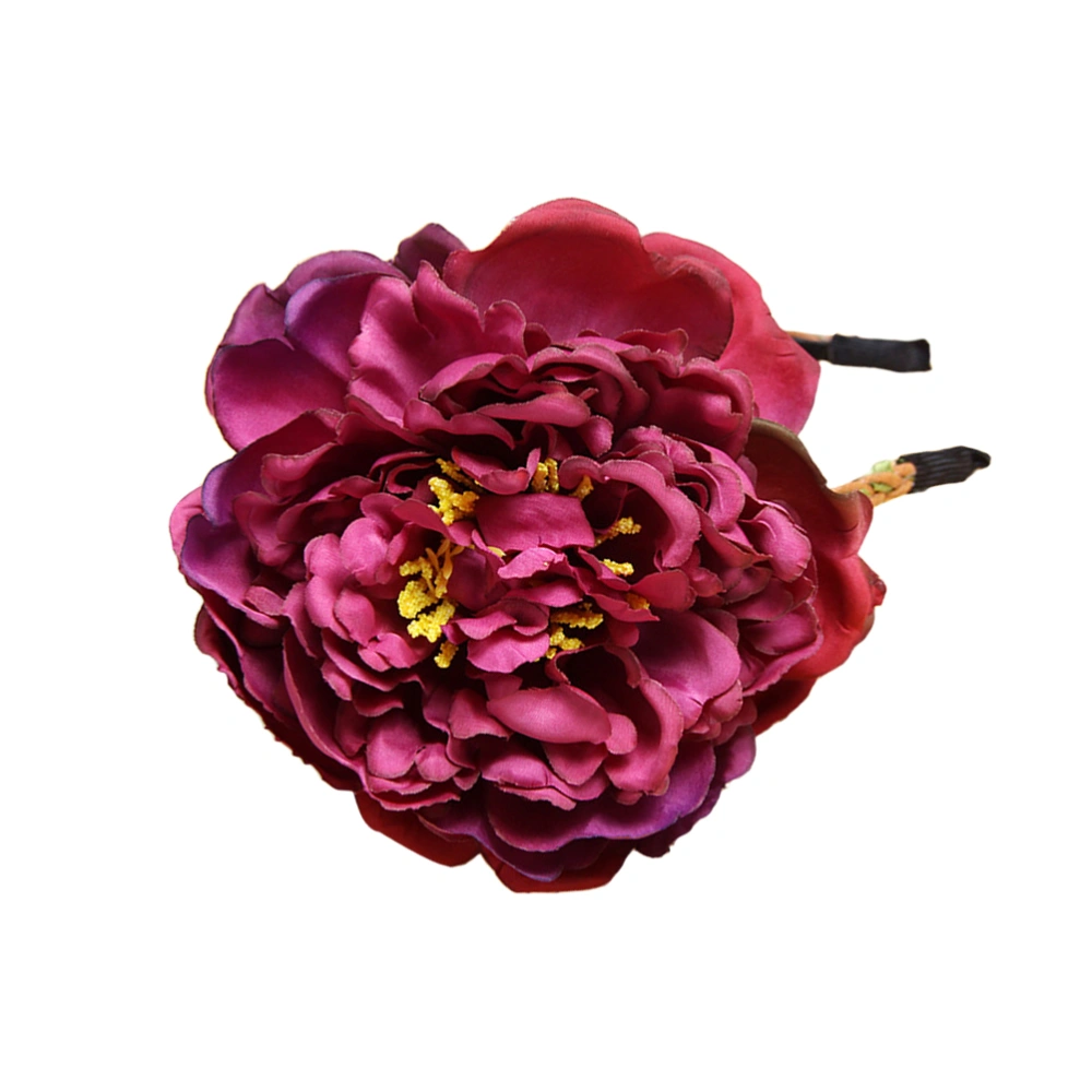 Bridal Headdress Simulation Peony Headwear Holiday Head Wedding Hair Bands Hair Accessory (Dark Red)