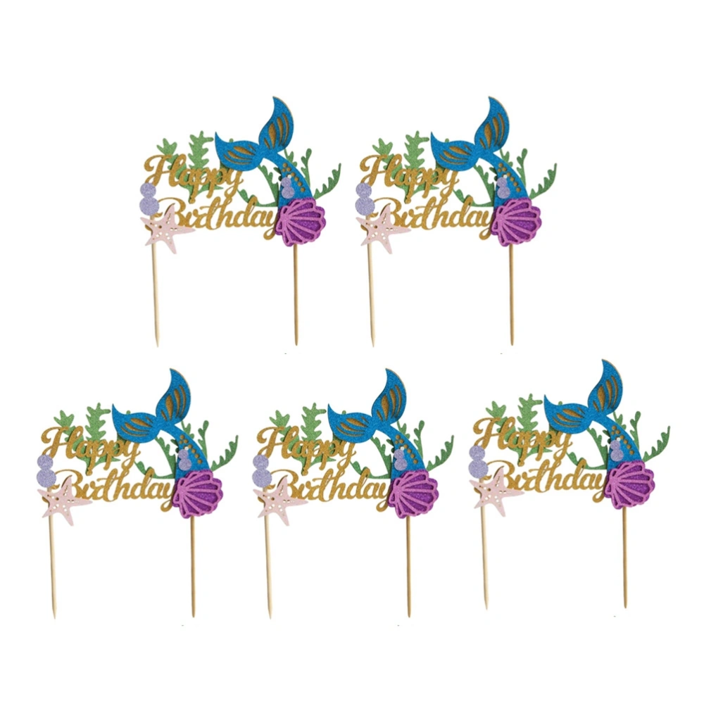 5PCS Baking Cake Decoration Supplies Shell Mermaid Cake Toppers Shiny Happy Birthday Cake Picks for Birthday