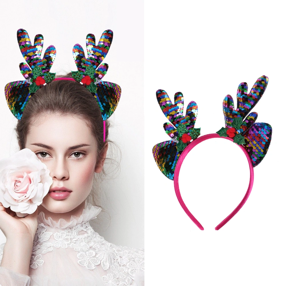 Christmas Sequin Antlers Hair Bands Adorable Hair Hoops Headdress Party Favors Supplies Decorations ( Rainbow Color)