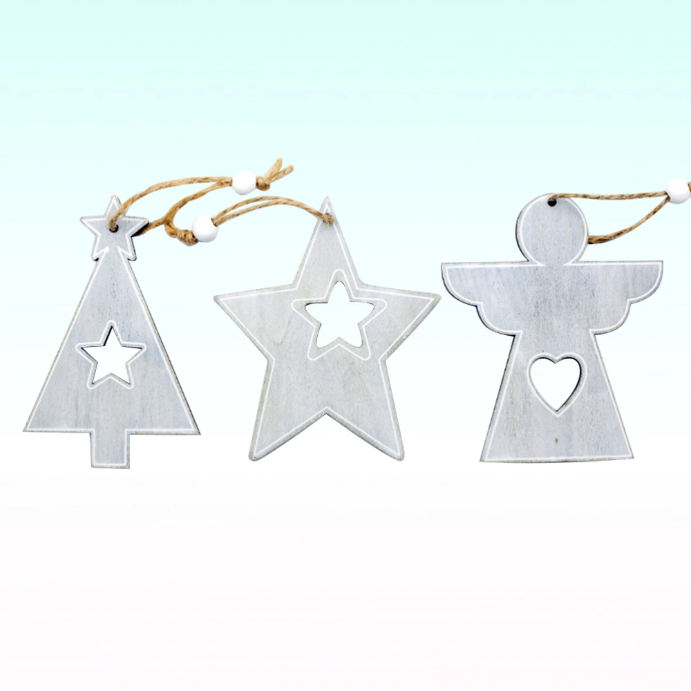 3pcs Wood Hanging Star Heart Angel Shape Ornament Christmas Home Decoration Party Supplies (Grey)