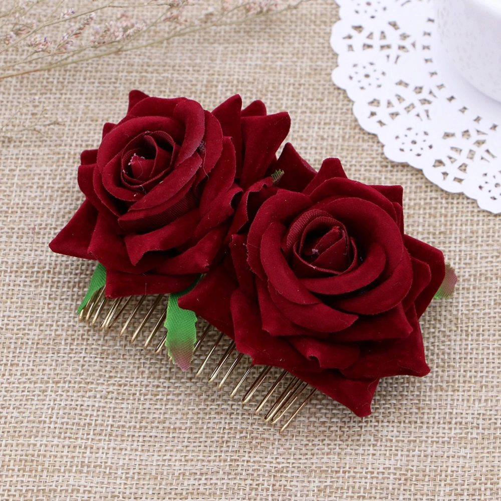 2PCS Rose Flower Hair Comb Floral Hair Accessory Headdress for Women Girls Wedding Bride (Dark Red)