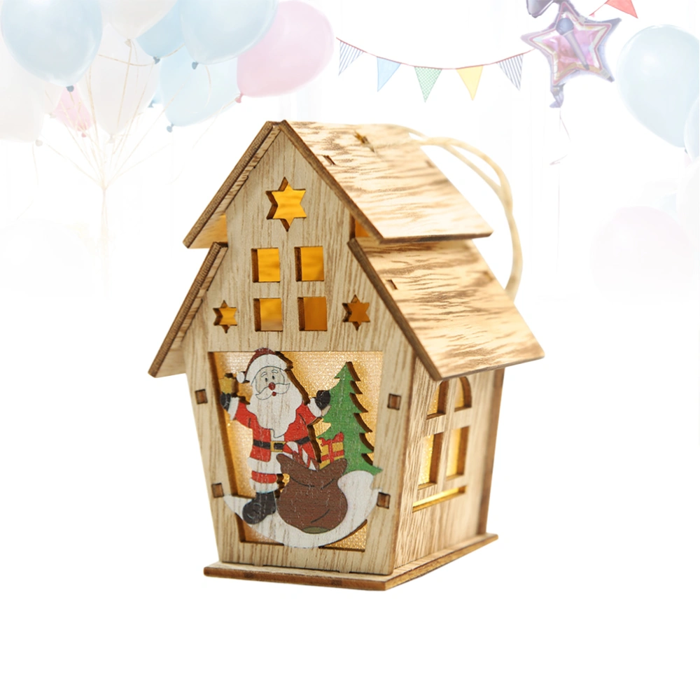 Christmas Tree Log Cabin Hanging Pendant Wooden Decoration Luminous Cabin Double Roof Small Santa Claus