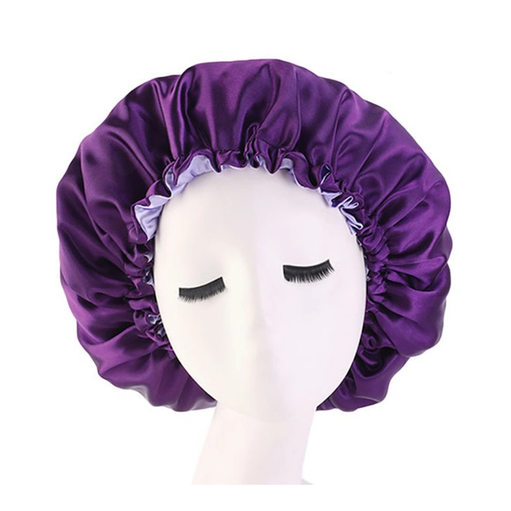 Double-layer Satin Sleeping Hat Adjustable Nightcap Elastic Mobcap for Women (Purple)