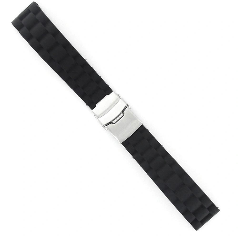 24mm Waterproof Silicone Watch Band Strap with Stainless Steel Deployment Clasp Buckle (Black)