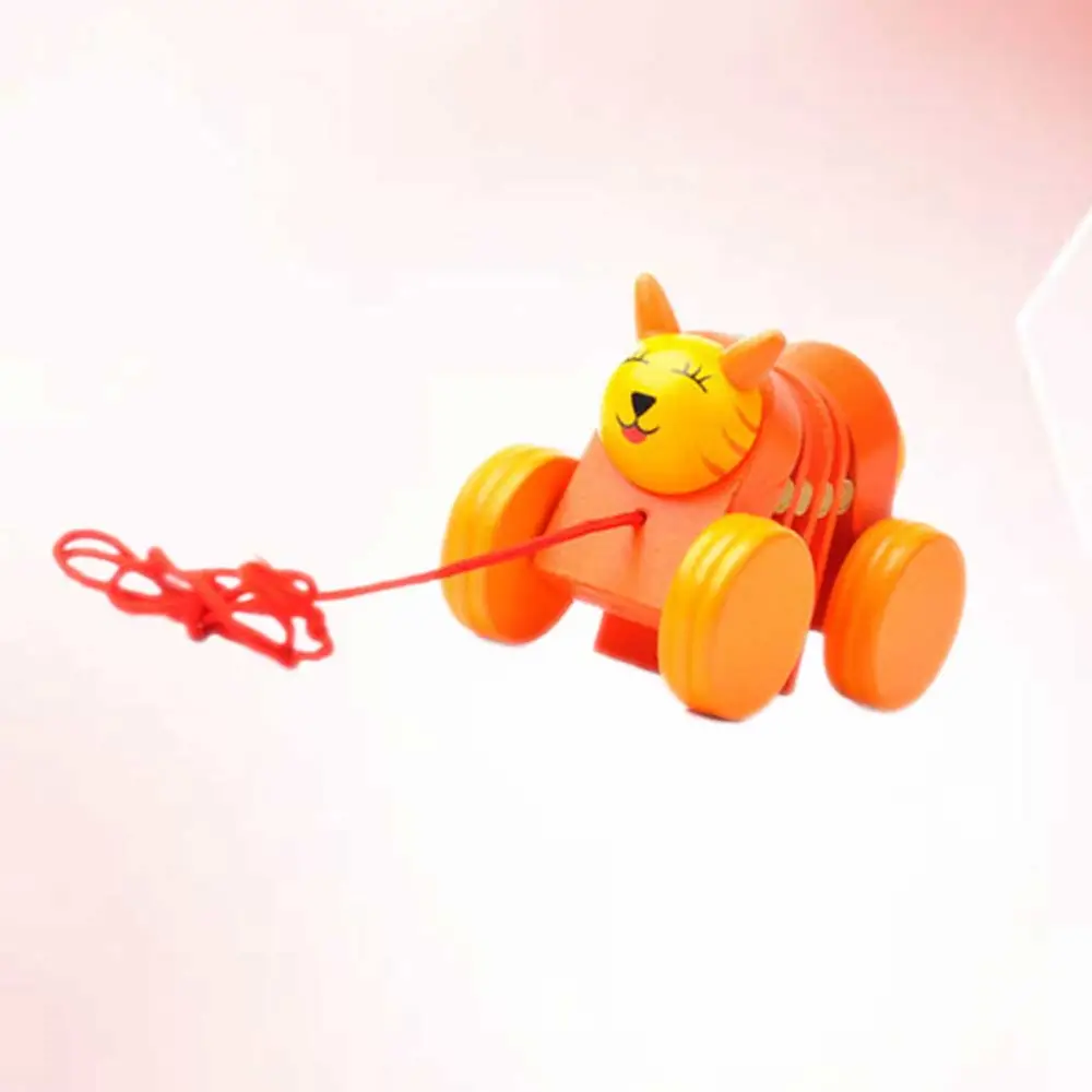 Kids Pulling String Toy Wooden Traction Toy Cartoon Tiger Shaped Pulling Cart Toy Orange