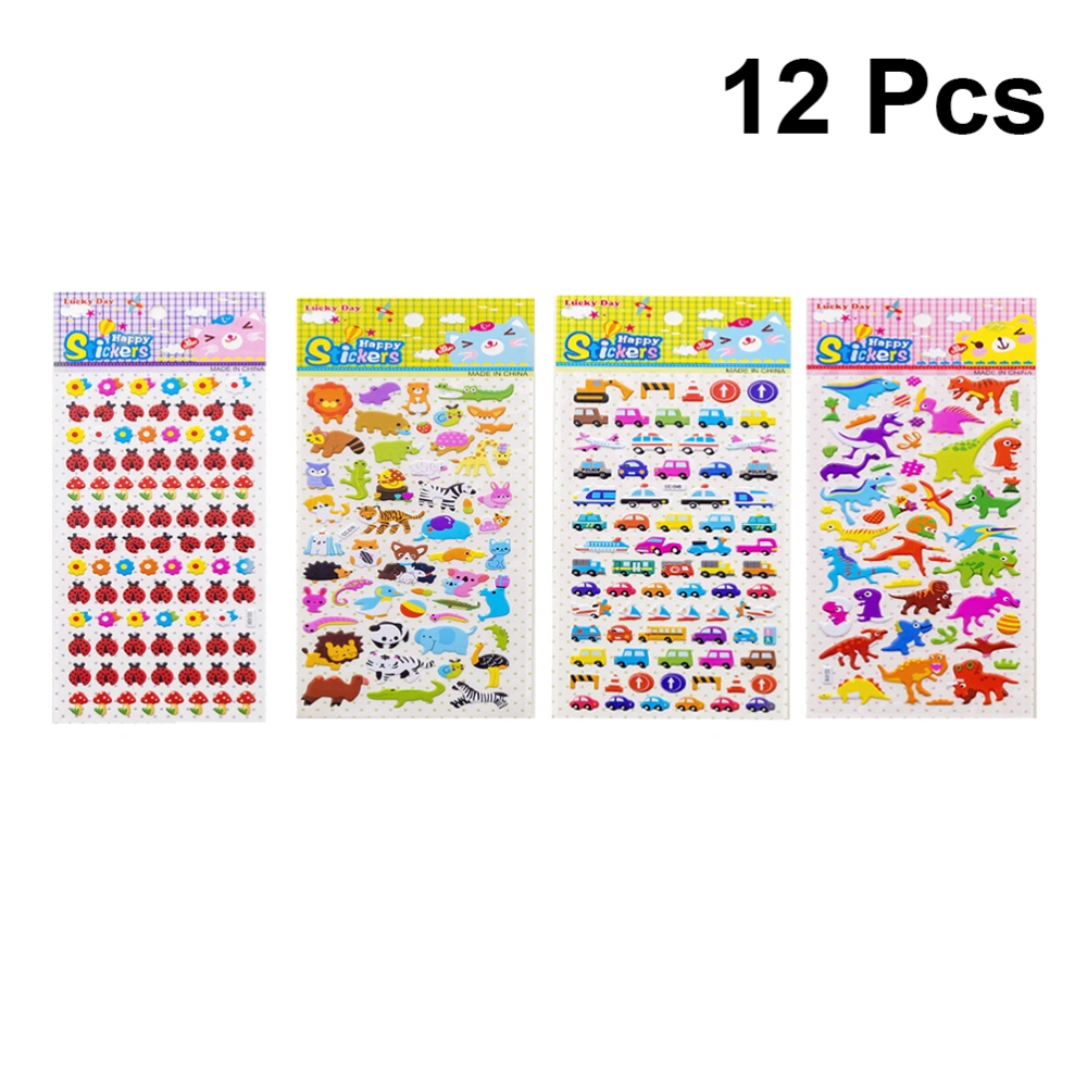 12 Sheets 3D Cartoon Sticker DIY Decorative Sticker Animal Vehicle Stereo Sticker Decals (Random Pattern)