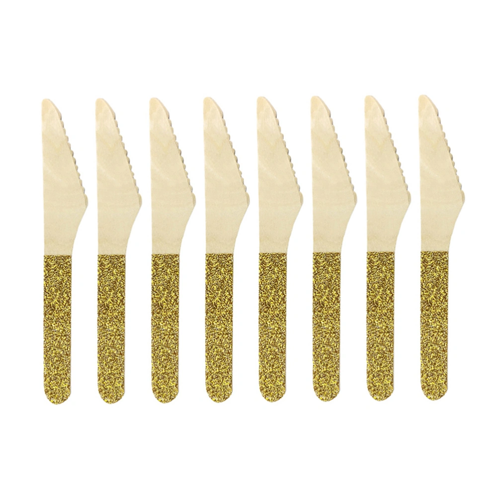 8 Pcs Eco-friendly Wooden Knives Disposable Golden Handle Hot Stamping Tableware Food Fruit Serving Knives Wooden Flatware Wedding Birthday Party