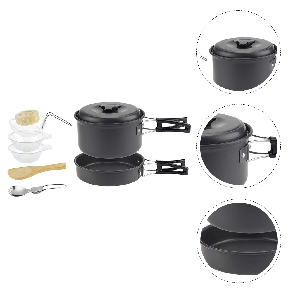 1 Set of 8Pcs Camping Cookware Kit Stock Pot Pan Bowl Spoon Rice Scoop Fork