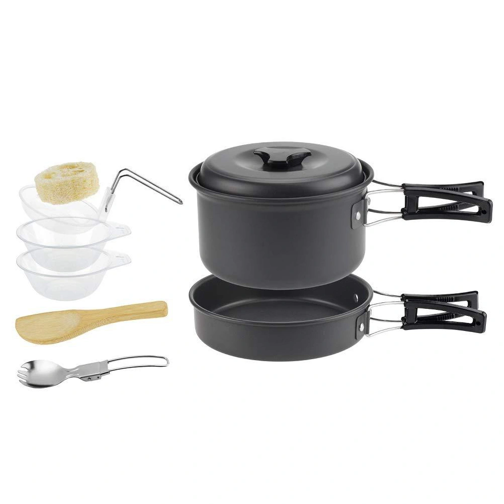 1 Set of 8Pcs Camping Cookware Kit Stock Pot Pan Bowl Spoon Rice Scoop Fork