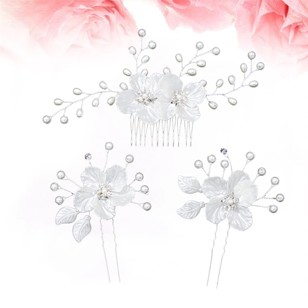 3PCS Flower Pearl Hair Comb Hairpins Set Handmade Bridal Crystal Rhinestone Jewelry Set for Wedding Decoration