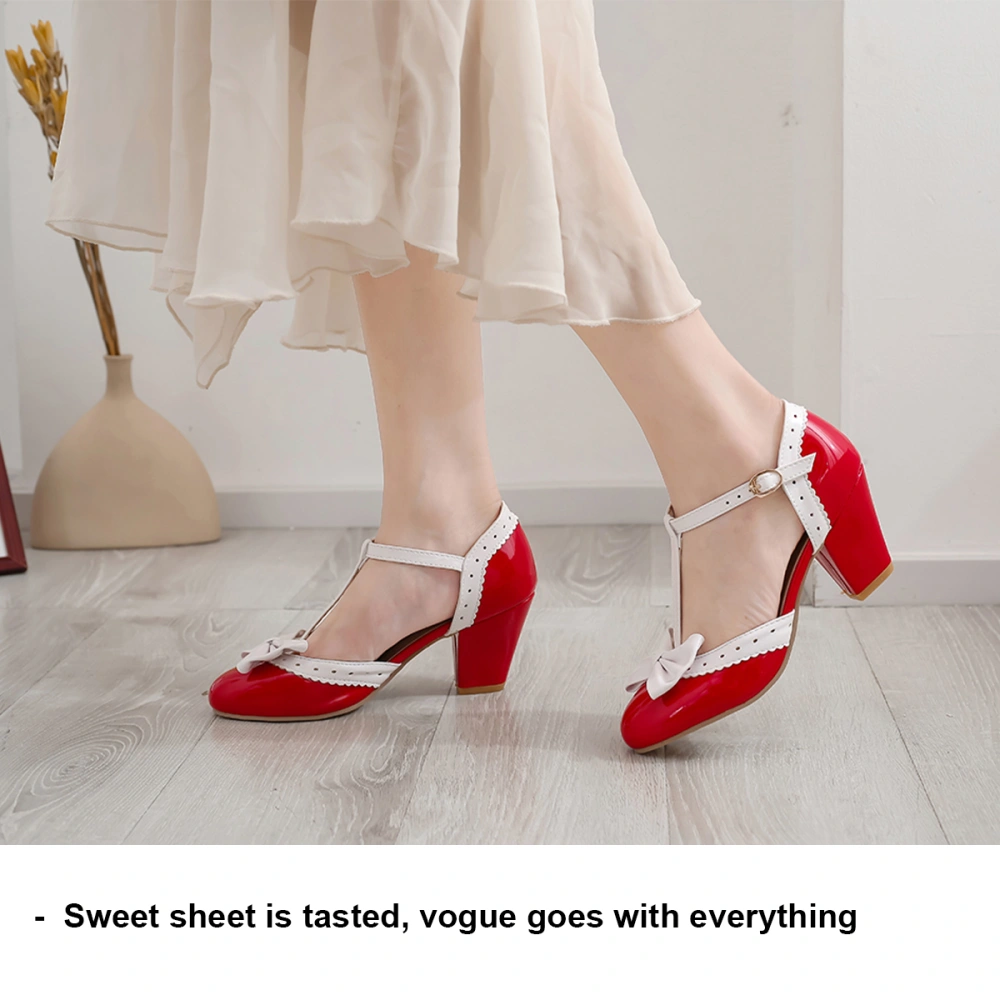 High Heel Sandals Sweet Summer Bow Round Head Shallow Summer High Heel Sandals for Woman (Red, 41 Yard)