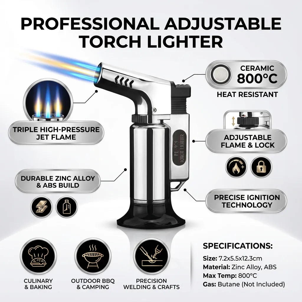 High Pressure Jet Flamethrower Adjustable Igniter Lighters Baking Barbecue Outdoors BBQ Party Welding - Triple Flame without Gas (Silver)