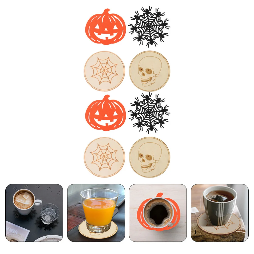 8 Pcs Environmentally Friendly Wooden Halloween Coasters for Cups And Tables (Assorted Color)