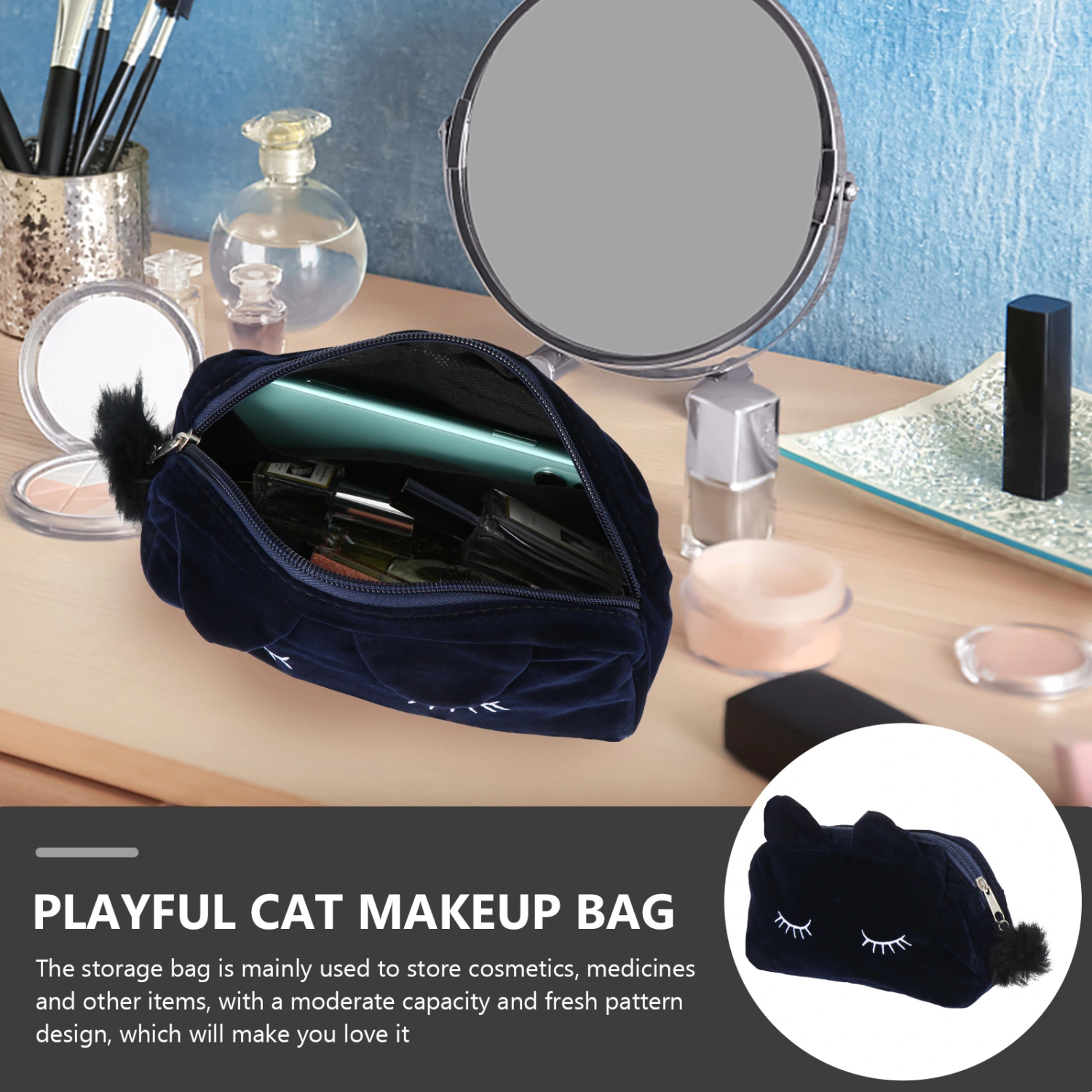 2Pcs Cat Design Flocking Cosmetic Bags Pen Storage Bags Travel Toiletries Bags