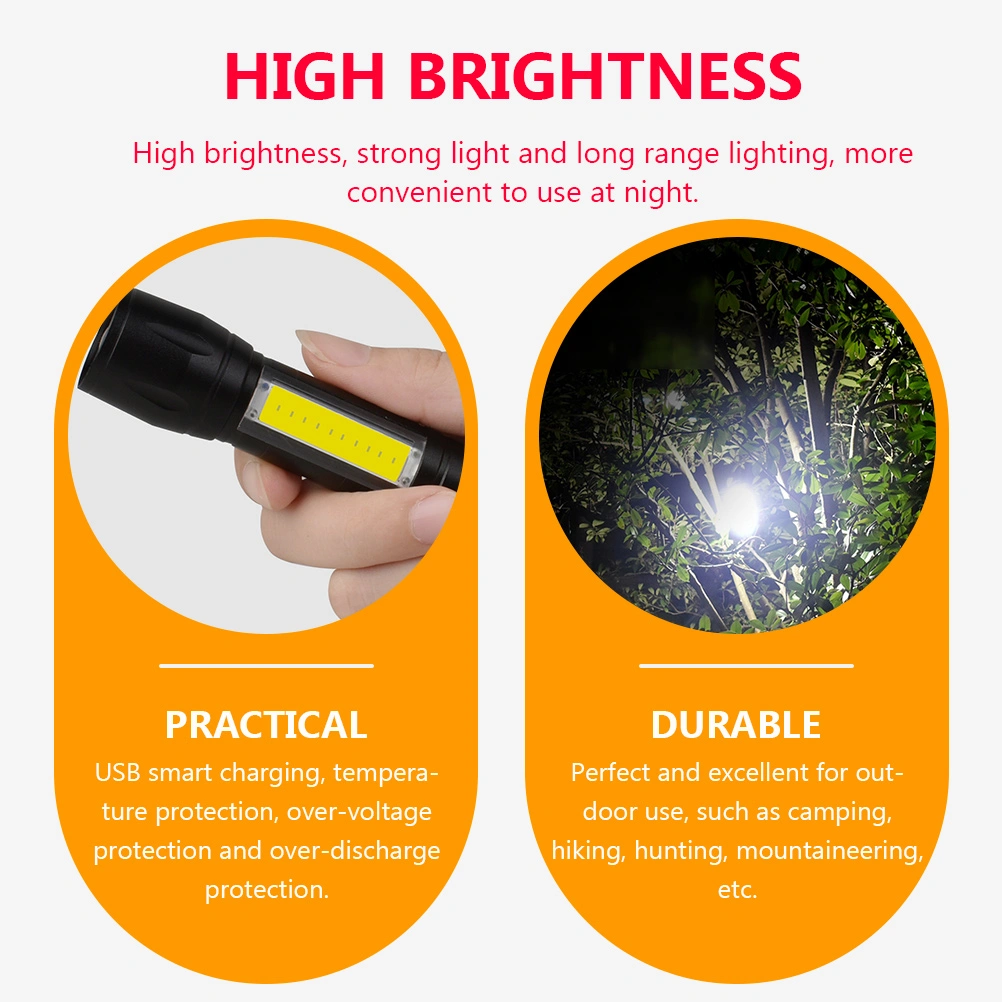 Mini Strong Light Flashlight Portable COB Side Light Flashlight USB Rechargeable Flashlight