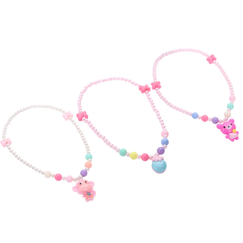 3Pcs Girls Pearls Simulated Necklace Pink Cartoon Pendant Fashion Beads Necklace Jewelry for Girl Dress up Birthday