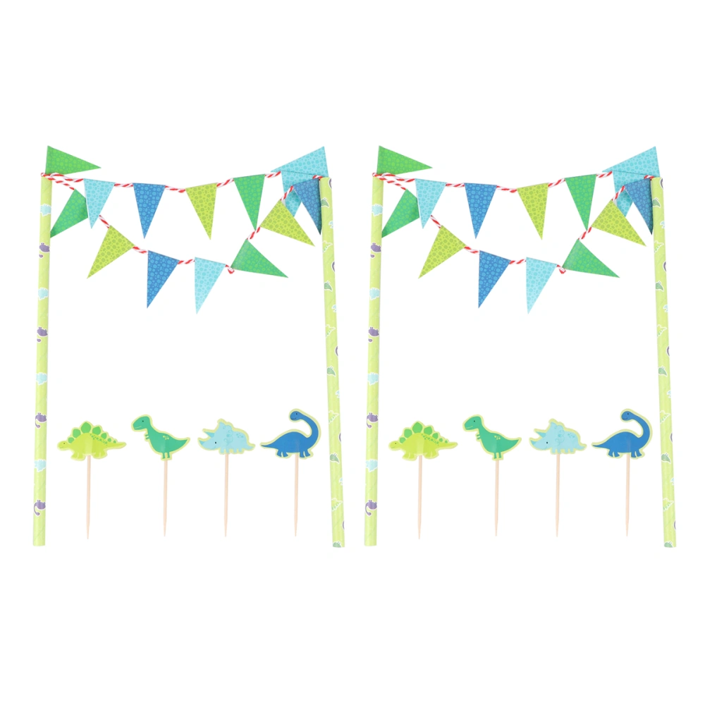 10pcs in 1 Set Birthday Cake Topper Banner Dinosaur Design Flag Cake Bunting Topper Garland Cake Decoration for Birthday Party (2pcs Cake Flag and 8pcs Cake Topper)