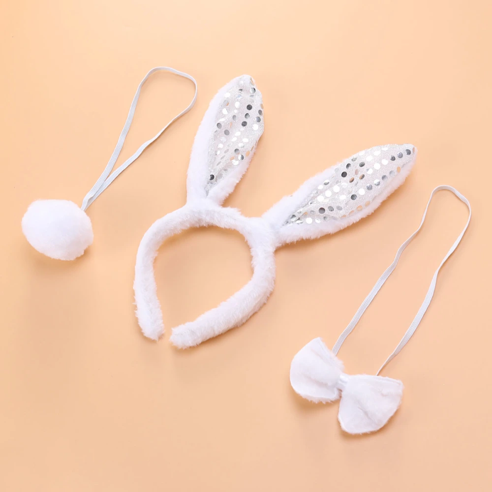 3pcs Rabbit Ear Tail Tie Set Performance Headband Decor for Girl Kid Child (Silver)