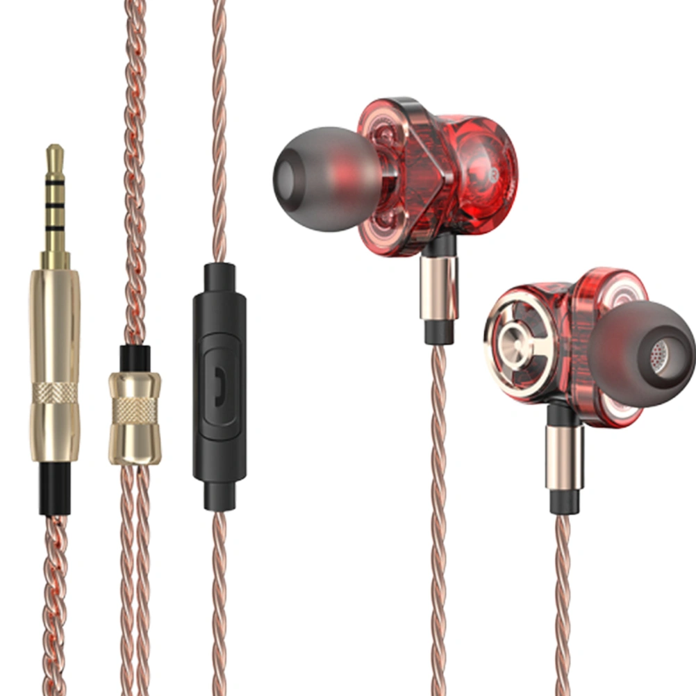 6 Driver Unit Earbuds with Mic Wired Earphone Stereo Sports Headset Bass Subwoofer 3.5mm Braided Wire Metal Headphone (Red)