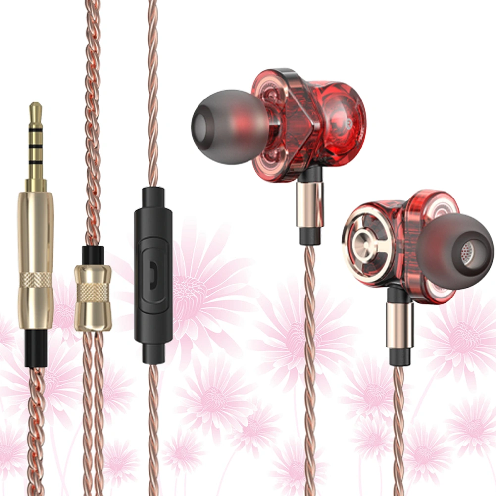 6 Driver Unit Earbuds with Mic Wired Earphone Stereo Sports Headset Bass Subwoofer 3.5mm Braided Wire Metal Headphone (Red)