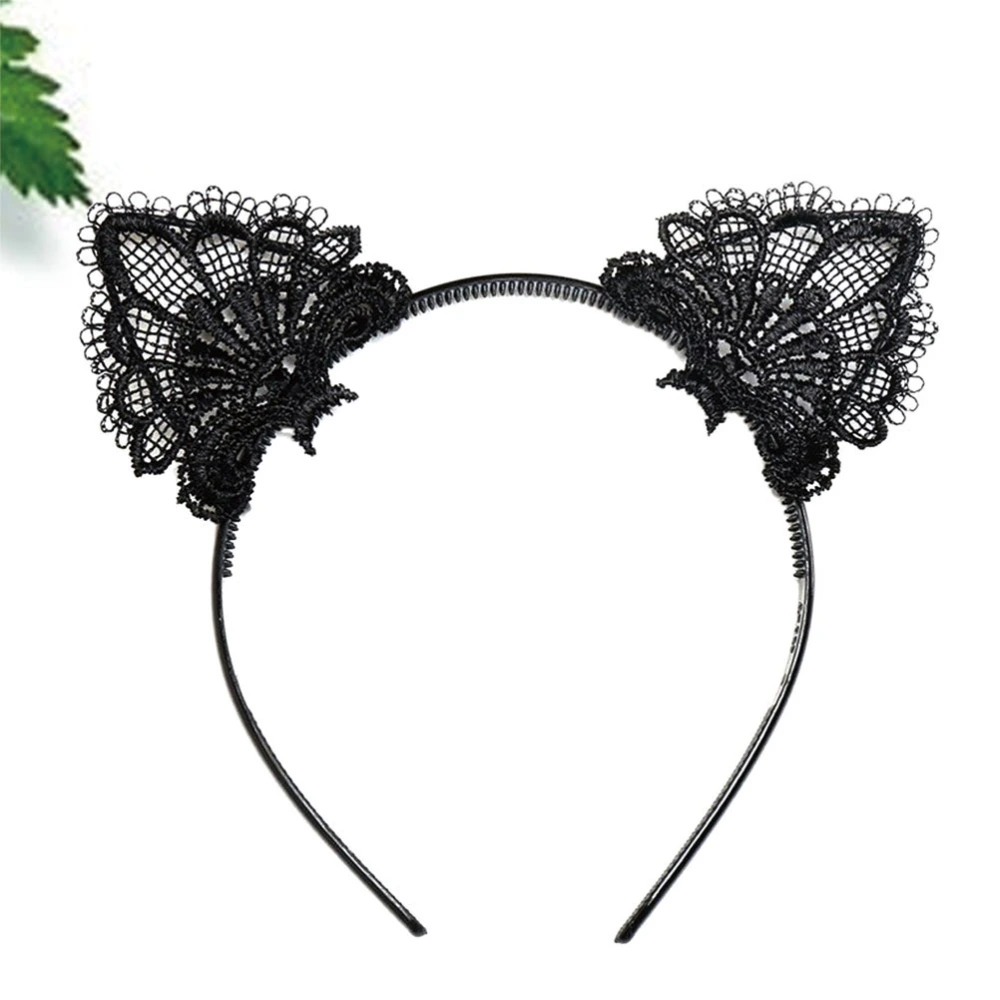 1pc Sexy Hollow Lace Cat Ears Hair Hairband Hair Clasp Party Headdress for Women Lady (Black)