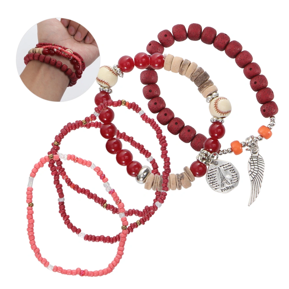 1Pc Colorful Bohemian National Style Bracelet Multi-layer Elastic Rice Beads Hand String (Red)