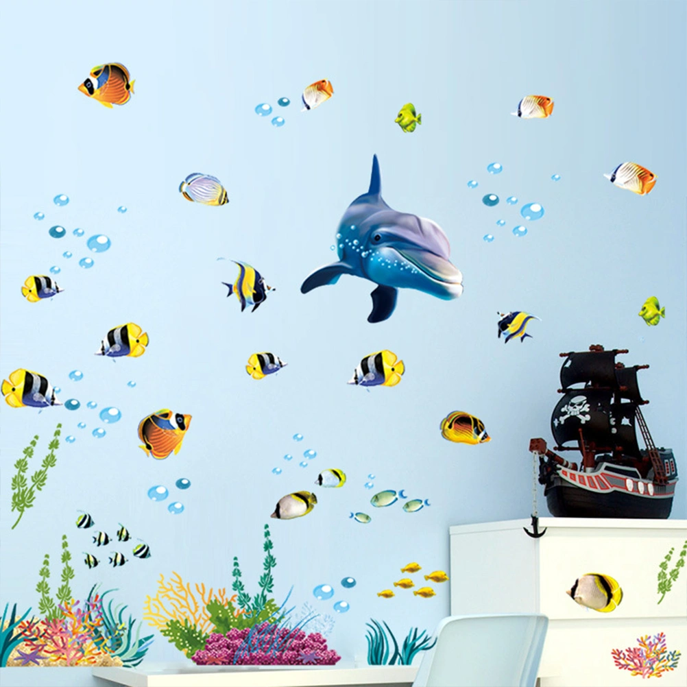 1 Sheet of Wall Sticker Under the Ocean Dolphin Fish Pattern Wall Decal Wallpaper for Kids Room Bedroom
