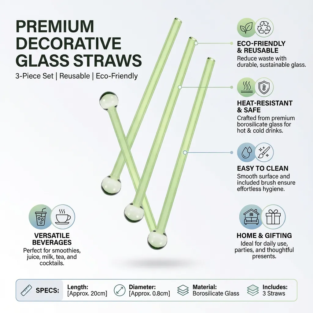3Pcs Decorative Glass Straw Round Ends Straw Reusable Drinking Straw for Home