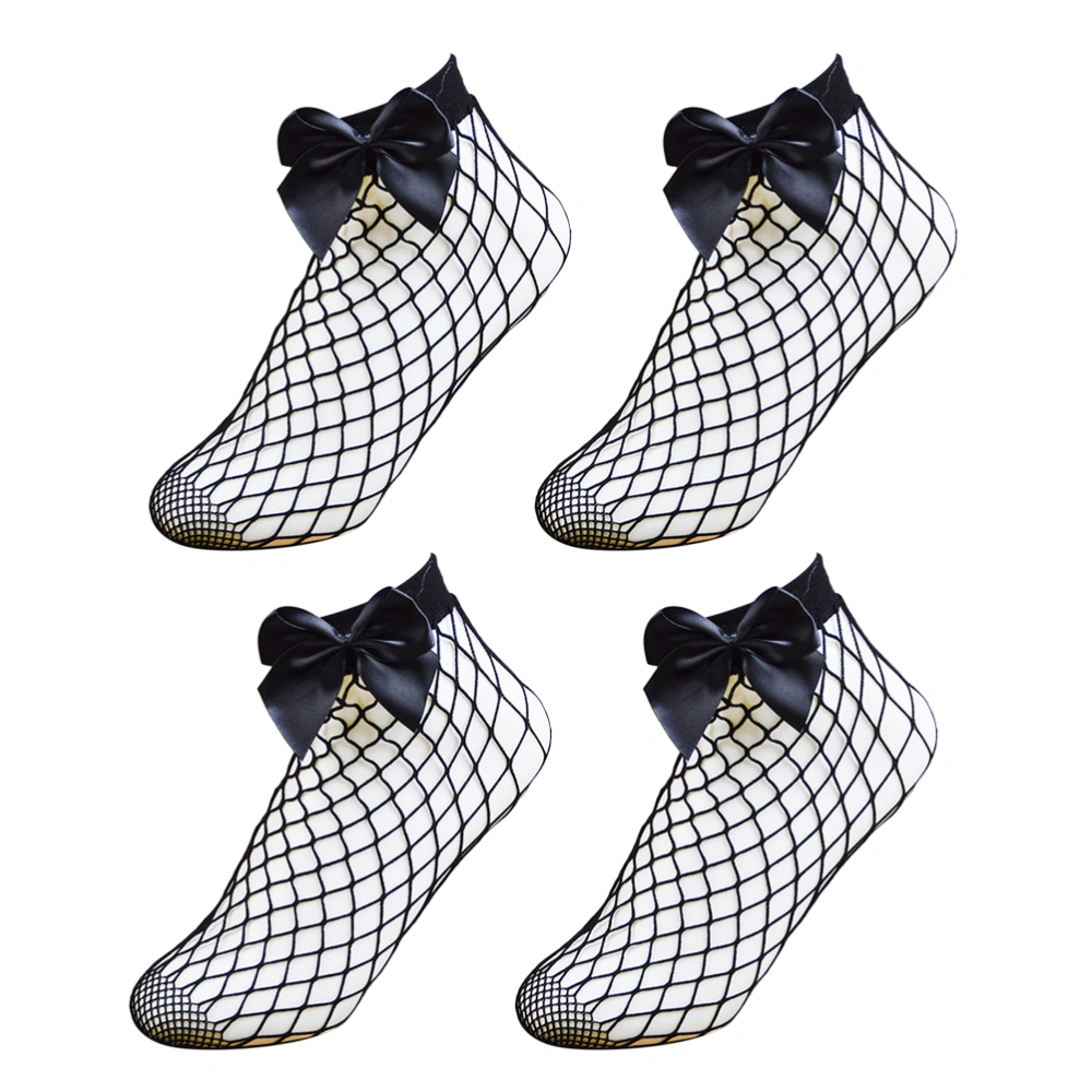 2 Pairs Women's Fishnet Ankle Socks Bowknot Sheer Mesh Socks (Black)