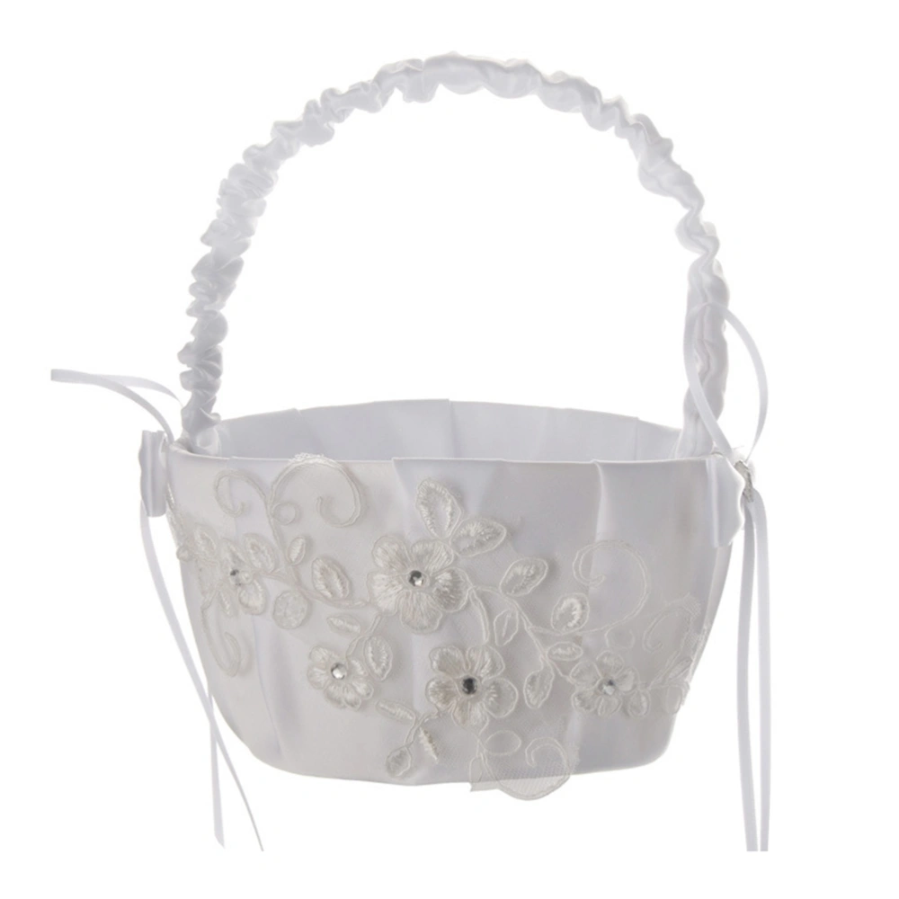 Wedding Flower Girl Basket Ceremony Party Lace Bowknot Portable Flower Girl Basket (White)