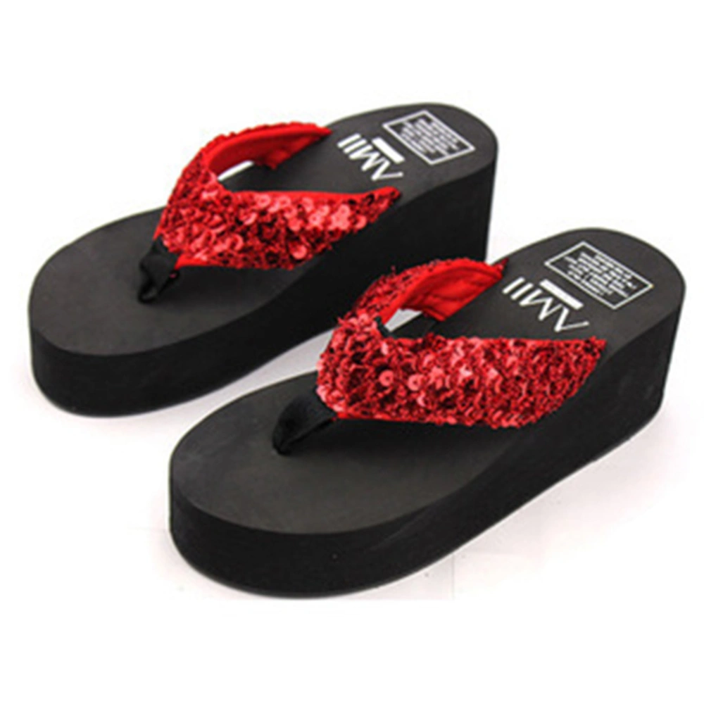 Women's Glitter Platform Sandals Shiny Thong Sandals Non-slip Wedge Heel Flops Size 40 (Red)