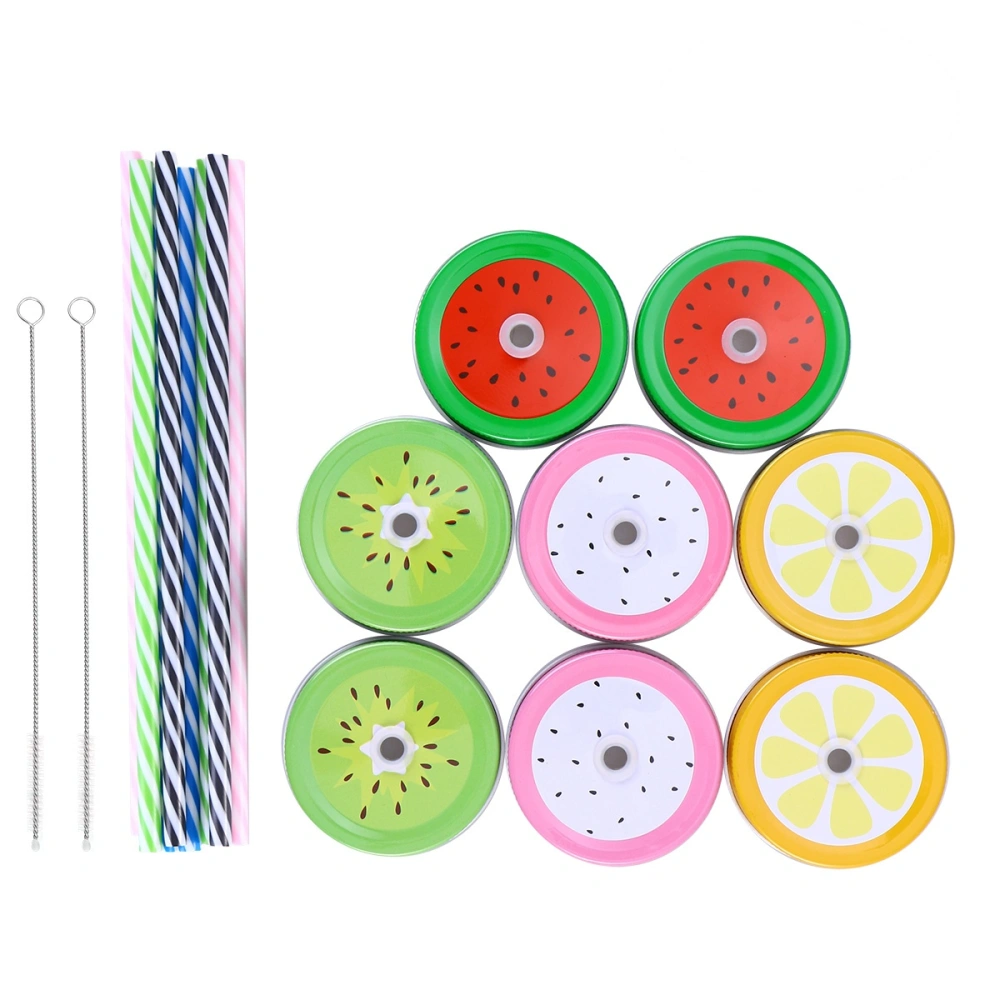 Metal Decorative Regular Mouth Mason Jar Lids with Straw Hole with 8 Decoration Lids 8 Striped Plastic Straw Set 2 Straw Wrench