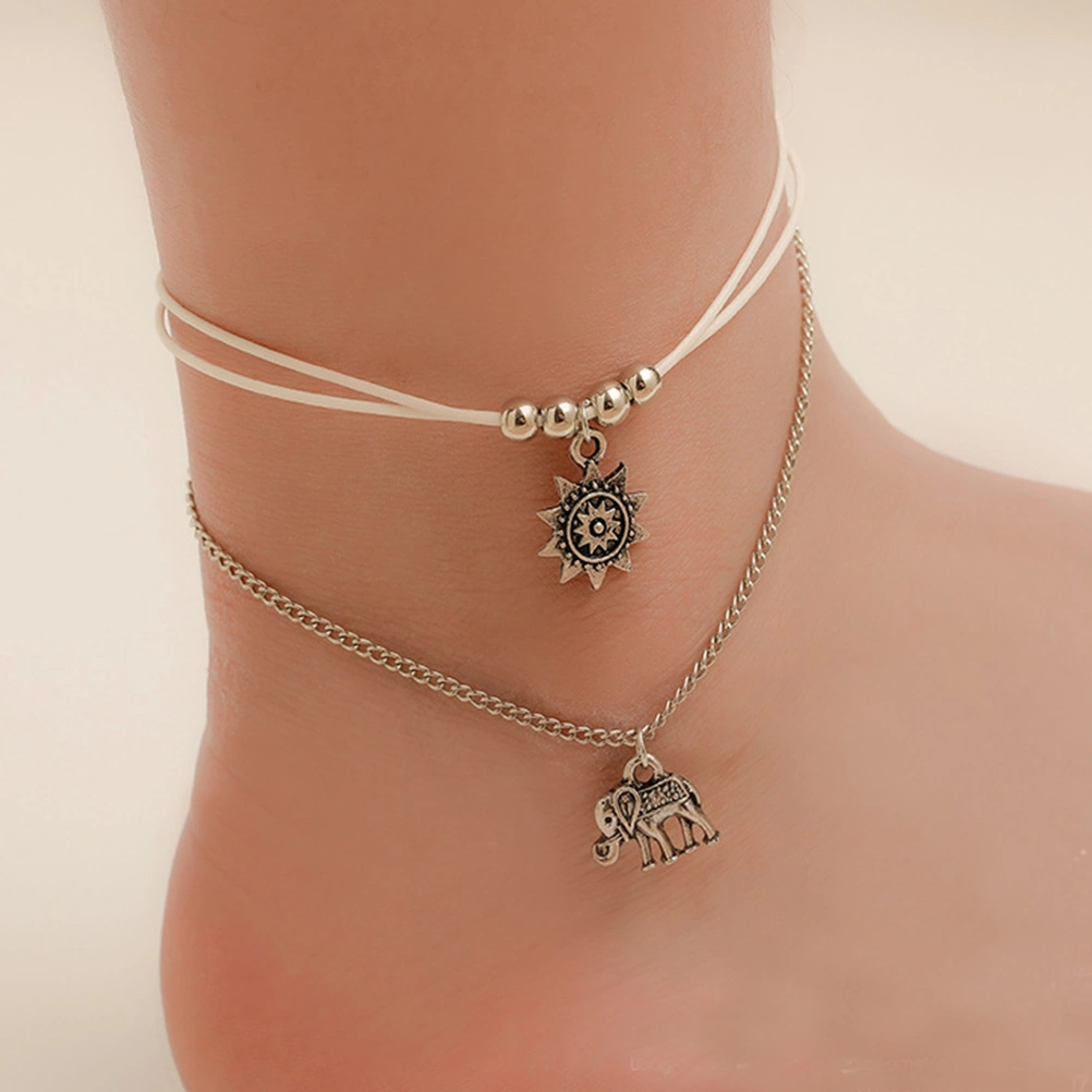 2pcs in 1 Set Beach Style Anklet Elephant Sun Flower Pendant Anklet Adjustable Ankle Accessory for Women Ladies Girls