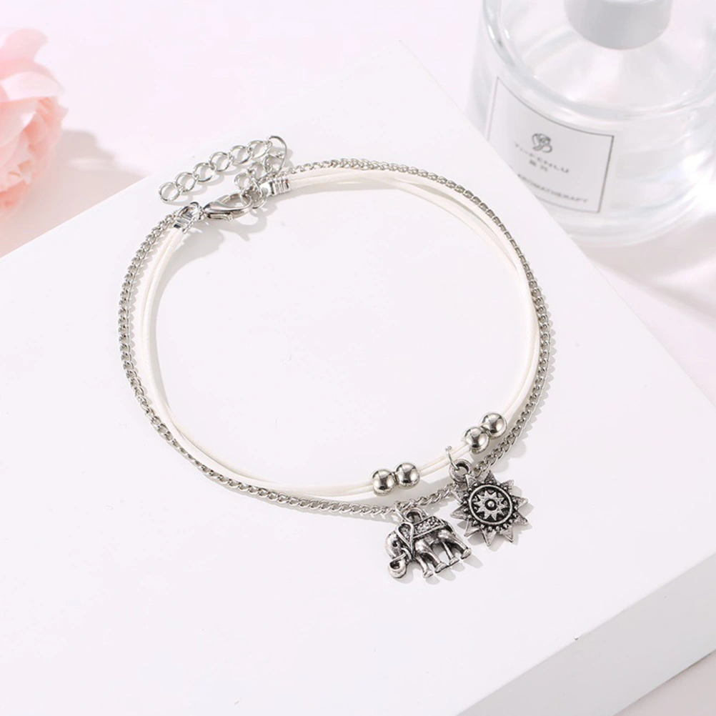 2pcs in 1 Set Beach Style Anklet Elephant Sun Flower Pendant Anklet Adjustable Ankle Accessory for Women Ladies Girls