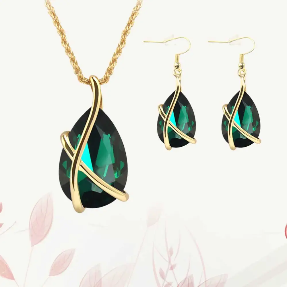 1 Set of Necklace Earring Set Crystal Ear Drop Vintage Necklace Neck Pendant Women Jewelry Set Green