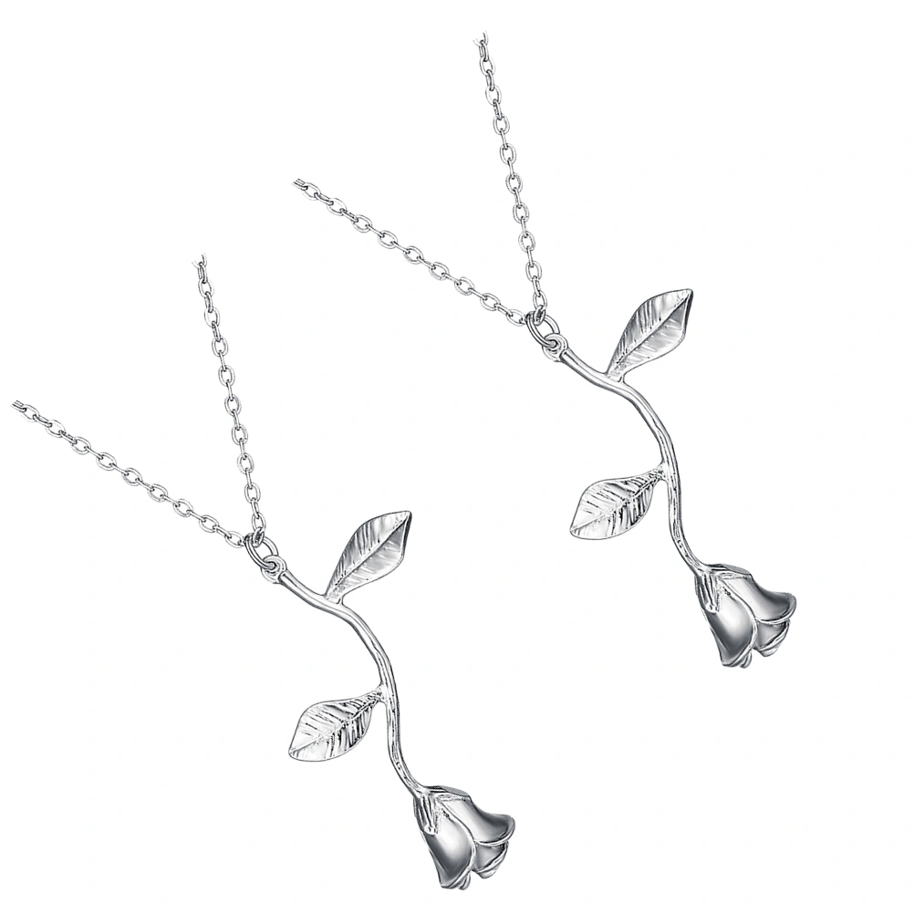 2pcs Luxury Rose Necklace Pendant Romatic Chain Necklace Valentine's Day Jewelry Gift for Women Female (Silver)