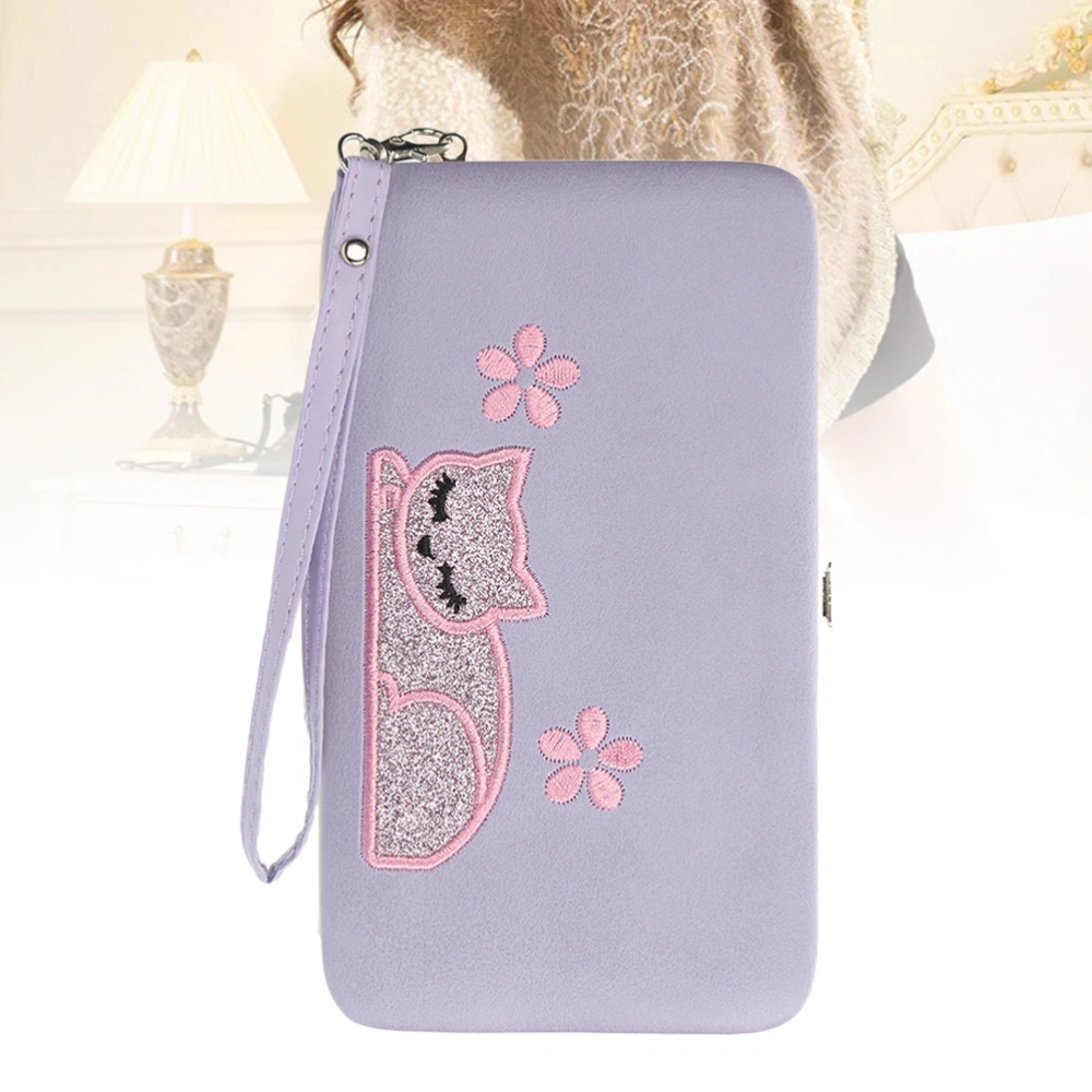 Lavender Multi-purpose Cat Embroidery Pattern Fashion Wallet Triple-folded Wallet Multi-card Slots Bag Pocket Long Purse for Women Lady