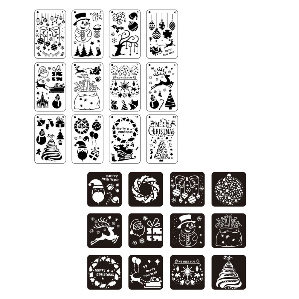 12 Pcs Painting Template Drawing Tools Christmas Elements Pattern Cartoon Hollow Out Painting Stencil DIY Craft Projects Drawing Educational Toys (White)