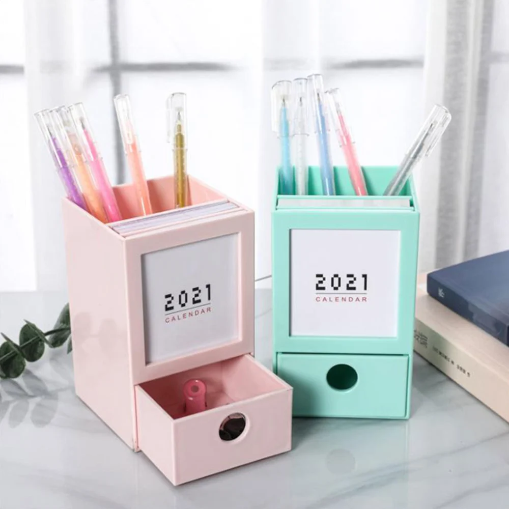 2pcs Office Storage Box Pen Holder 2021 Mini Tabletop Calendar (Random Color)