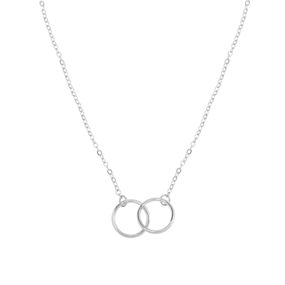 Women Necklace Double Circle Interlocking Pendant Choker Necklace Chain Charm Jewelry Valentines Gift (Silver)