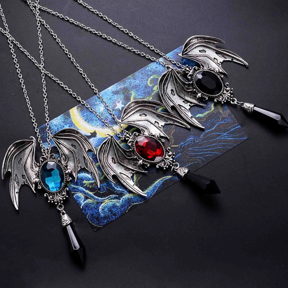 1 Pc Halloween Retro Bat Wing Purple Gemstone Pendant Stylish Gothic Necklace