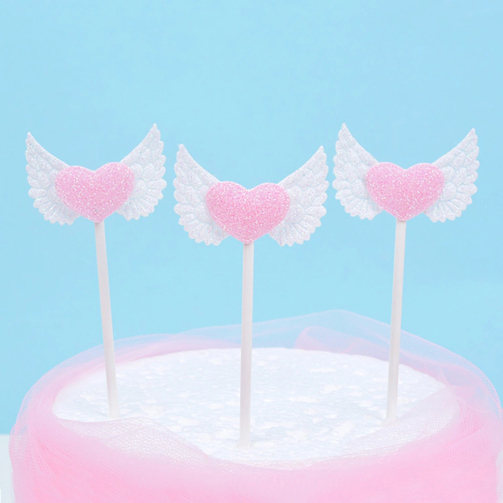 20pcs Shiny Cake Toppers Lovely Angel Wings Cake Picks Pink Heart Cupcake Decor Party Supplies for Baby Shower Birthday Wedding