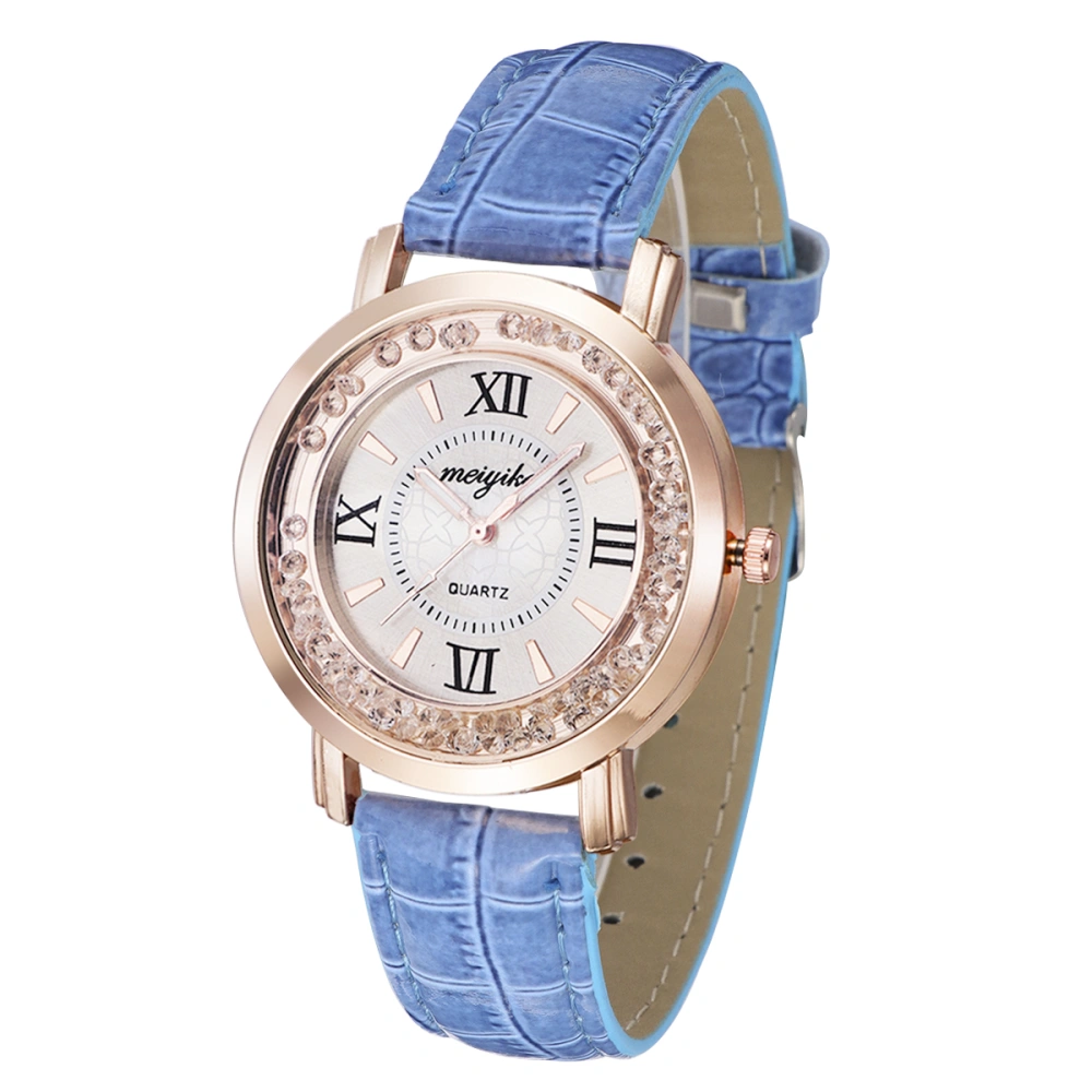 Women Fashion Leather Bracelet Quartz Watch Rhinestone Wristwatch (Blue)