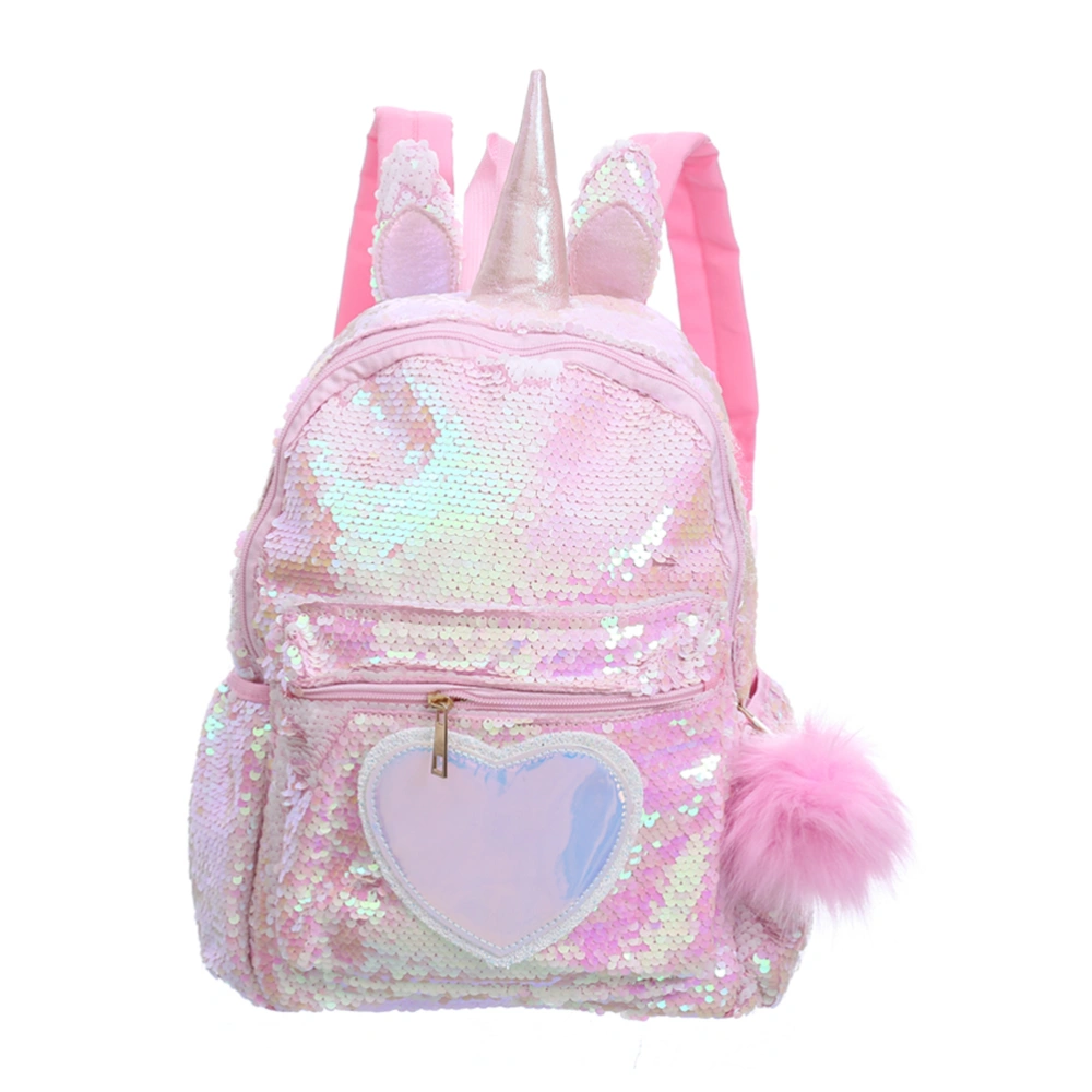 Pink Sequin Children Backpack Unicorn Printing Satchel Hairball Bag Dazzling Bookbag Fashion Travel School Bag