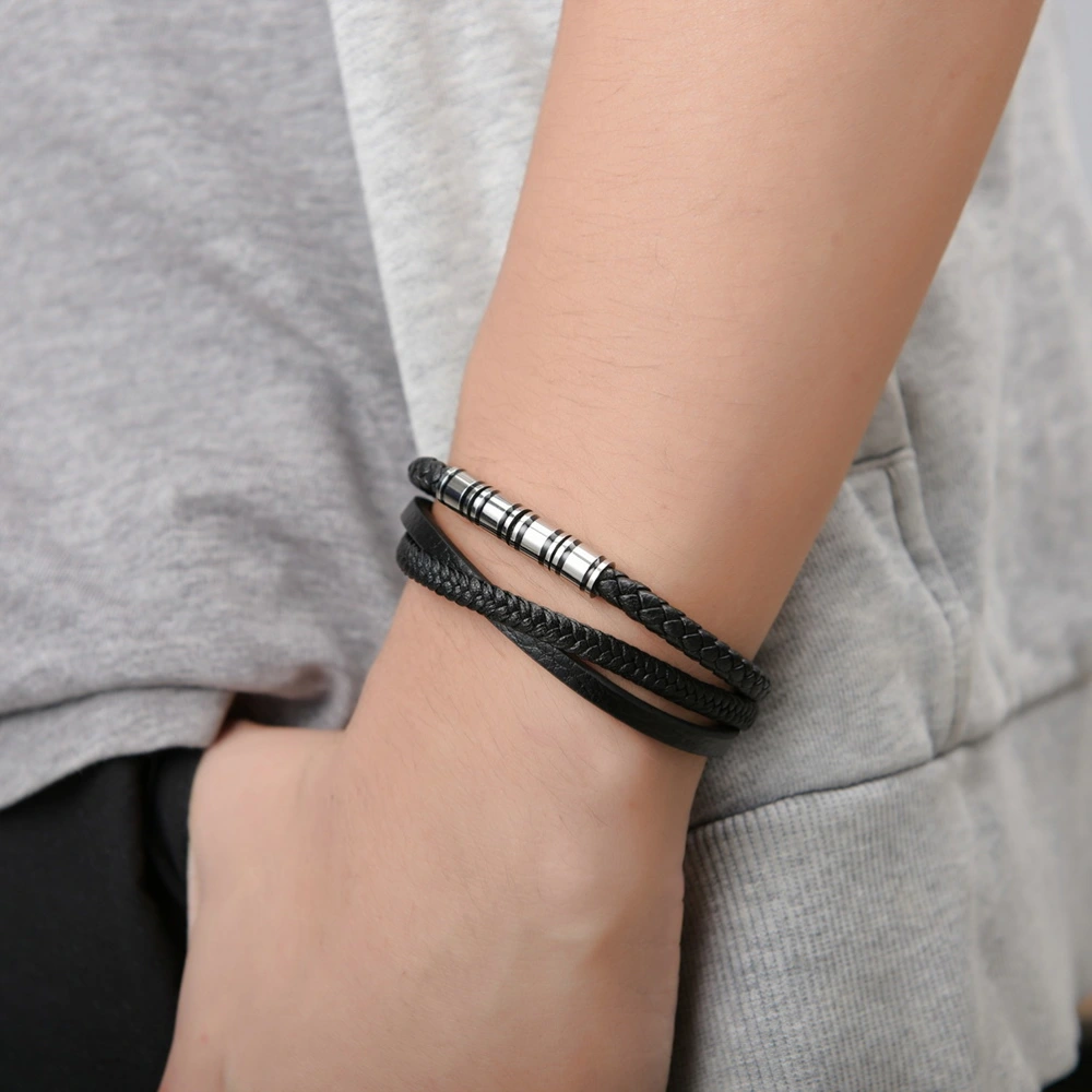 Knit Bracelet Multilayer Leather Bracelet Personalized Stainless Steel Bracelet for Man (Black)