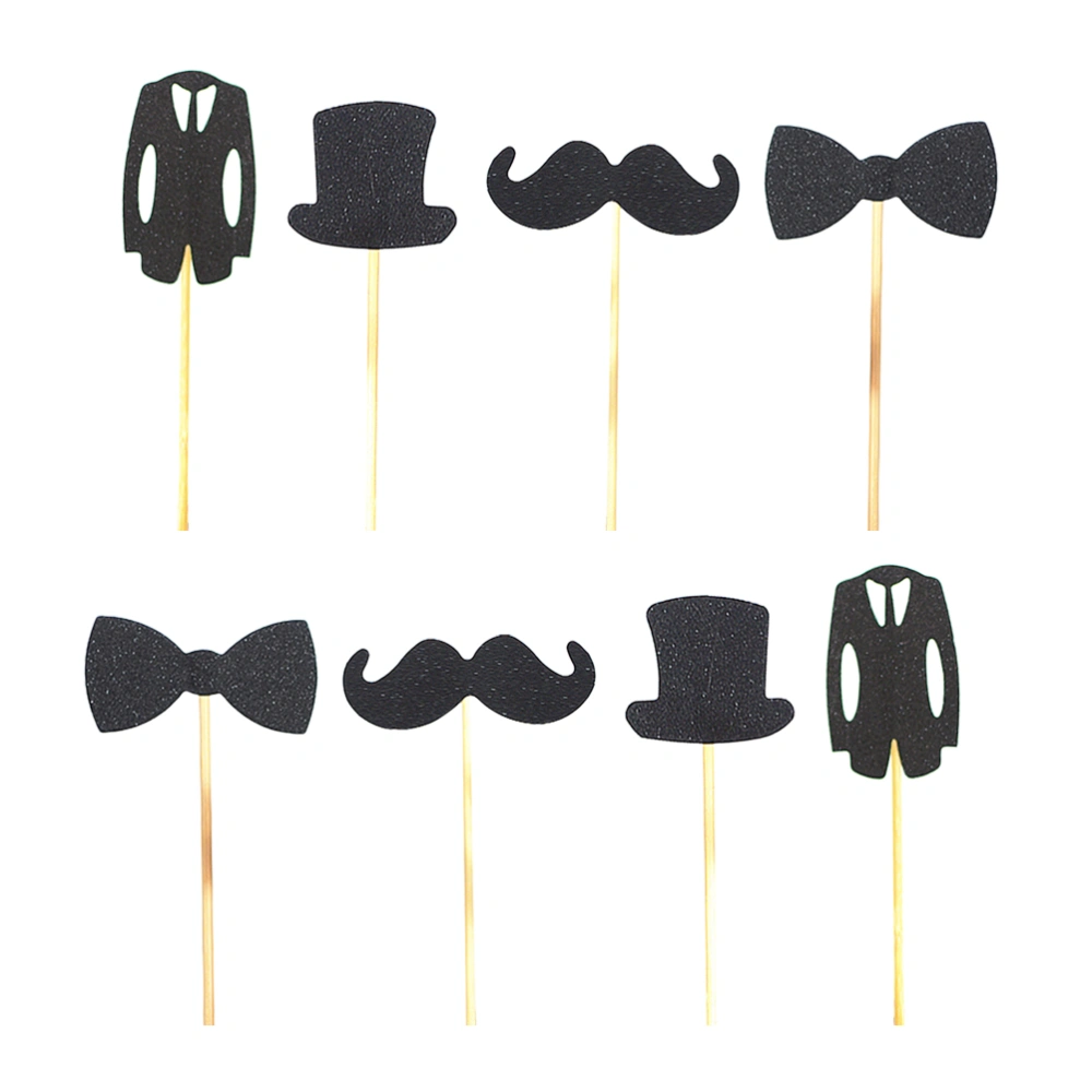 16 Packs of Father's Day Cake Sticks Shining Dessert Cake Toppers Baking Supplies for Festival Party Gathering (Black, Beard, Suit, Hat, Bow, each Pattern has 4 Packs)