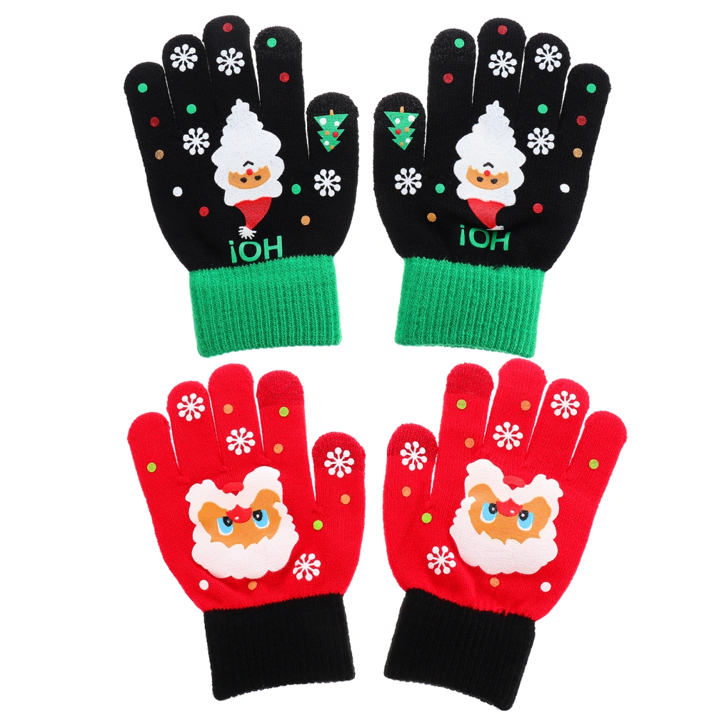 2 Pairs Christmas Knitted Gloves Full Finger Kids Gloves Touch Screen Gloves